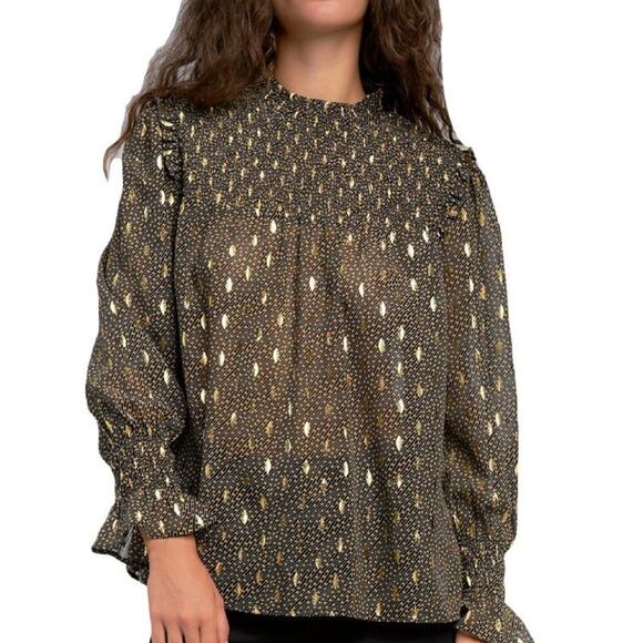 NWT Elan Metallic Foil Printed Smocked Blouse Sz Medium - Picture 1 of 14